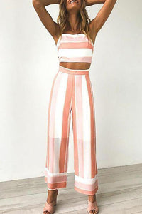 Pink Stripe Tops Wide Leg Pants Sets