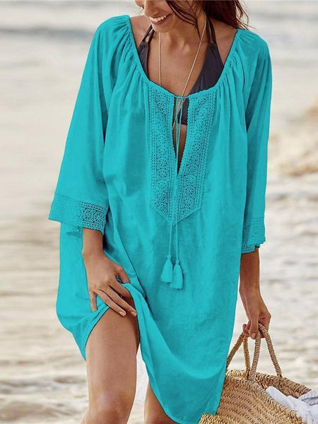 Women Solid Color Tassel Mini Dress Swimwear Beach Cover-up