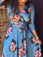 Load image into Gallery viewer, Long Sleeve Floral V Neck Slim Waist Maxi Dress with Belt