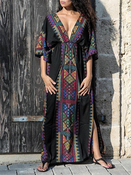 Bohemia Deep V Neck Split-side Elastic Waist Kaftan Beach Dress