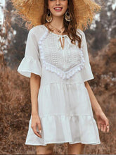 Load image into Gallery viewer, Spring and Summer Solid Color Stitching Flounce Fringed Neckline Lace Trumpet Sleeve Dress