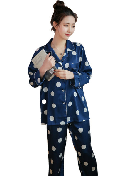 Spring and Summer Simple Women's Long Sleeve Lapel Housewear Set Ice Silk Dot Printed Silk Pajamas