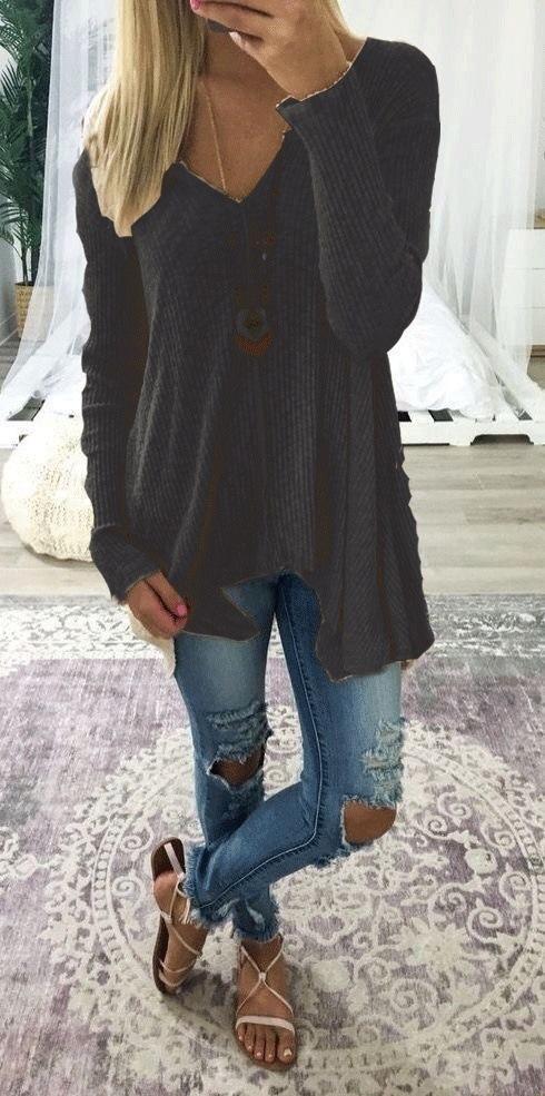 V Neck Long Sleeve Irregular T Shirt Tops