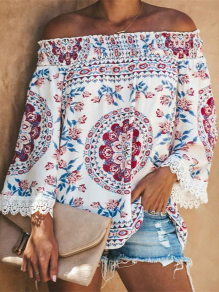 Autumn and Winter Women Retro Printed Lace Stitching Off Shoulder Elegant Loose Flare Sleeve Blouse