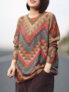 Knitting Loose Striped Colorful Sweater