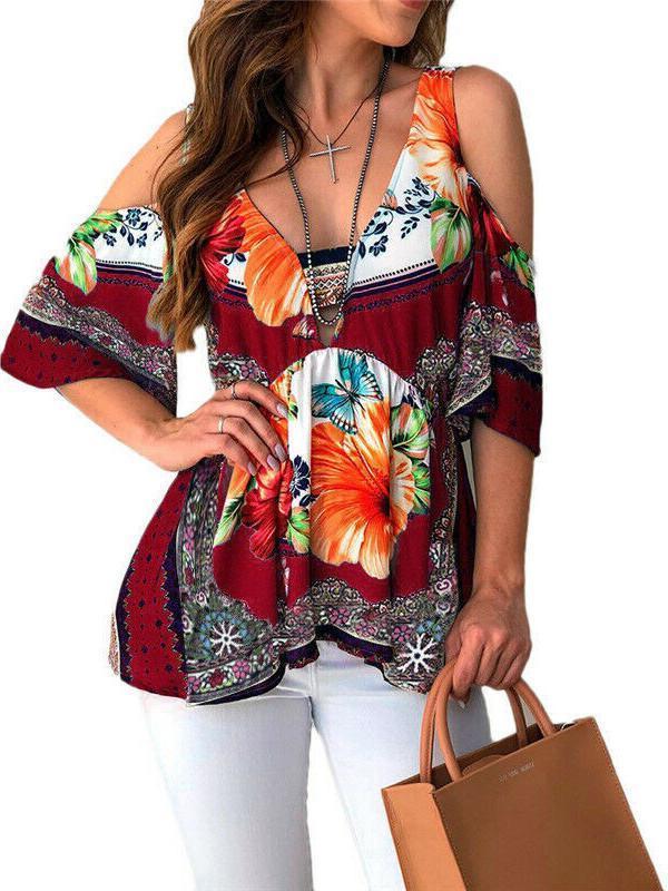 Summer Hot  Women Clothes  Casual Leisure Floral Shirt V Neck Tops Half Sleeve Blouse  Beach