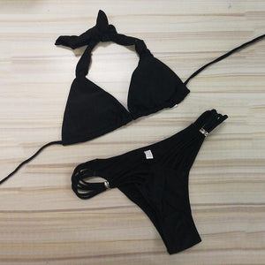 Black Split Bikini Solid Color Sexy Swimsuit