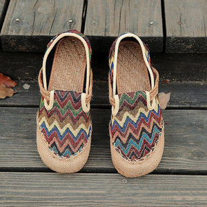 Vintage Pattern Colorful Stripe Flax National Wind Retro Slip On Flat Shoes