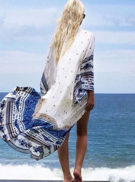 Print Long Sleeve Beach Bikini Cover Up
