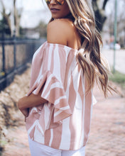 Load image into Gallery viewer, Stripe Off Shoulder Trumpet Sleeve Tops Shirt Blouses
