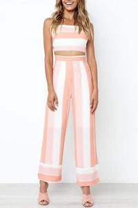 Pink Stripe Tops Wide Leg Pants Sets