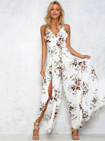 Floral Backless Split Jumpsuit Rompers