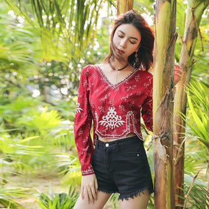 Autumn Ethnic Style Bohemian Embroidery V-Neck Long Sleeve Loose Chiffon Top