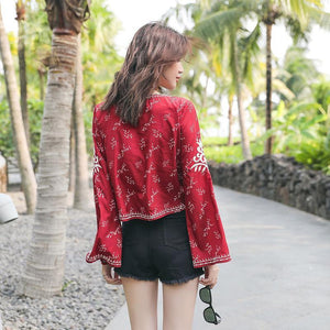 Autumn Ethnic Style Bohemian Embroidery V-Neck Long Sleeve Loose Chiffon Top