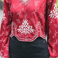 Load image into Gallery viewer, Autumn Ethnic Style Bohemian Embroidery V-Neck Long Sleeve Loose Chiffon Top