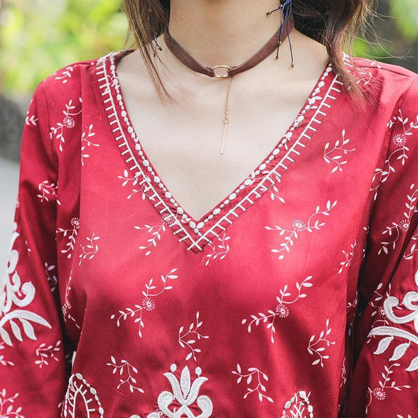 Autumn Ethnic Style Bohemian Embroidery V-Neck Long Sleeve Loose Chiffon Top