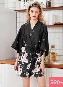 Silk Crane Pajama Girl Summer Mid Sleeve Bride Morning Robe Big Yard Home Robe Bathrobe