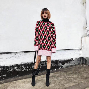 Fashion European And American Style High Collar Embroidery Contrast Color Love Geometry Pullover Sweater Top