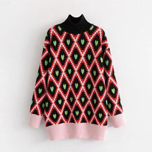 Load image into Gallery viewer, Fashion European And American Style High Collar Embroidery Contrast Color Love Geometry Pullover Sweater Top