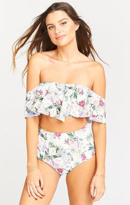 Strapless High Waist Floral Printed Off-the-shoulder Ruffled Swimsuit