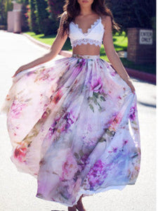 BOHO Womens Floral High Waist Long Maxi Full Skirt Holiday Party Evening Beach Sun Skirt