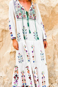 Print Long Sleeve Embroidered Bohemia Beach Maxi Dress