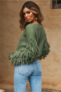 Solid Color Round Neck Long Sleeve Tassel Sweater