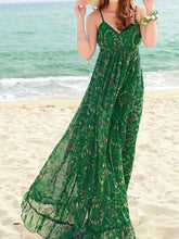 Load image into Gallery viewer, Green Chiffon Floral-Print Straps V Neck Bohemian Beach Maxi Dress