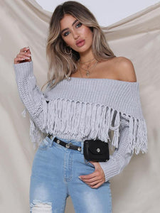 Knit Off Shoulder Long Sleeve Tassel Sweater