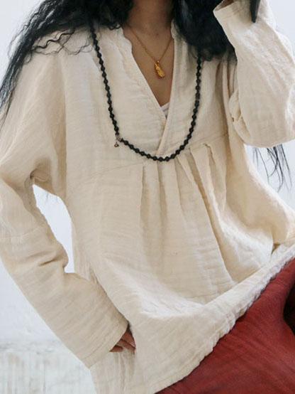 Solid Color Long Sleeve Linen Cotton Loose Tops Blouse