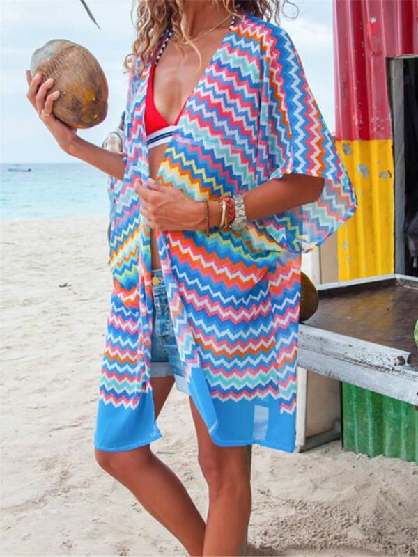 Sexy Women Chiffon Beach Dress Bathing Open Cardigan Bikini Cover Up Leaves Printed Beachwear Dress
