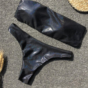 Black Grey Sequins Leather Sexy Swimsuit Bikini