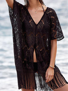 Fashion Women Lace Blouses Cover Up Lace Crochet Kaftan Short Sleeve Summer Beach Wear Casual Women Clothes