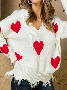 Christmas Sweater Love Splicing V Turtleneck Sweater Women's Loose Pullove