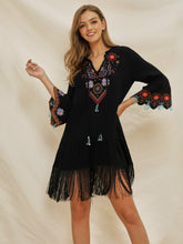 Load image into Gallery viewer, Women&#39;s lace up V-neck flared sleeve ethnic embroidery bohemian dress