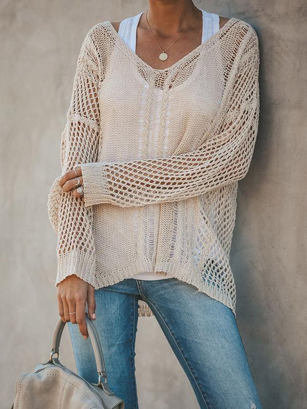 Hollow Solid Color V-neck Knitting Sweater Tops