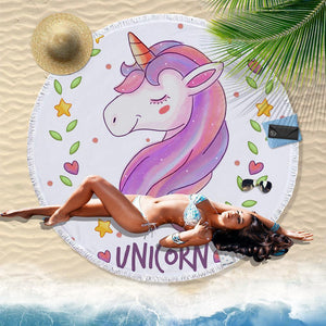 Hand-Painted Cartoon Unicorn Oversized Round Tassel Beach Towel Yoga Mat