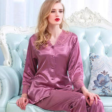 Load image into Gallery viewer, Spring and summer long sleeve suit imitation silk thin sexy lace large women&#39;s home wear pajamas