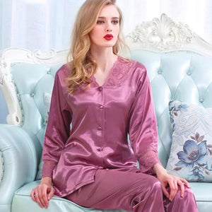 Spring and summer long sleeve suit imitation silk thin sexy lace large women's home wear pajamas