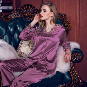 Spring and summer long sleeve suit imitation silk thin sexy lace large women's home wear pajamas