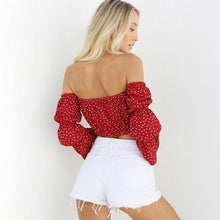 Load image into Gallery viewer, Off-The-Shoulder Flare Sleeves Dot Slim Top