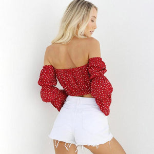 Off-The-Shoulder Flare Sleeves Dot Slim Top