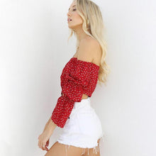 Load image into Gallery viewer, Off-The-Shoulder Flare Sleeves Dot Slim Top