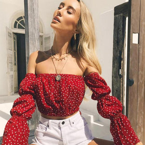 Off-The-Shoulder Flare Sleeves Dot Slim Top