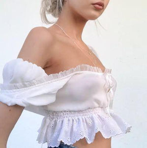 Girl Lace Puff Sleeve Short High Waist Top
