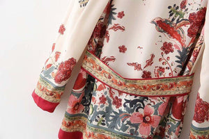 Summer Bohemia Fashion Belt Printing Long Sleeve Casual V-Neck Coat