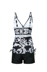 Conservative Large Size Split Flat Angle Print Swimsuit