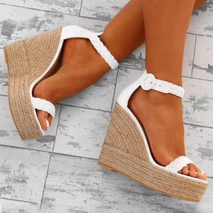 Fashion Wedge High-heel Solid Color Weaving Sandal Shoes