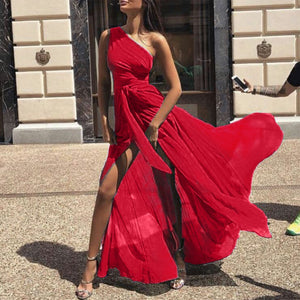 SEXY CHIFFON ONE SHOULDER SOLID COLOR MAXI DRESS