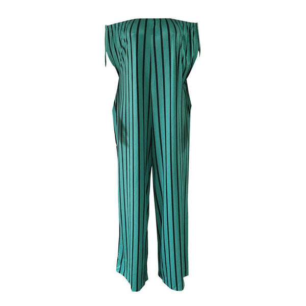 Green Off Shoulder Stripe Wide Leg Pants Jumpsuit